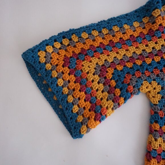 VTG Handmade Crochet Granny Square Cardigan Teal Mustard Retro Boho Sweater L - Picture 9 of 11